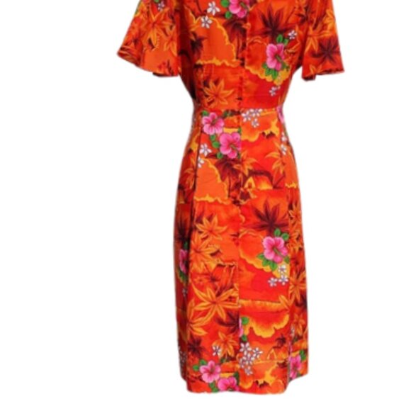 Bright Orange Tropical 1970s Vintage Hawaiian Floral Print Dress Flutter Sleeves - Picture 6 of 7